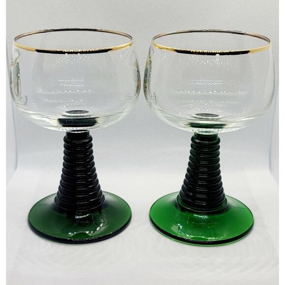 Vtg 2 Wine Glass Goblet Gold Trim Green Swirl Stem Engineers Oberammerg Germany - Picture 5 of 7